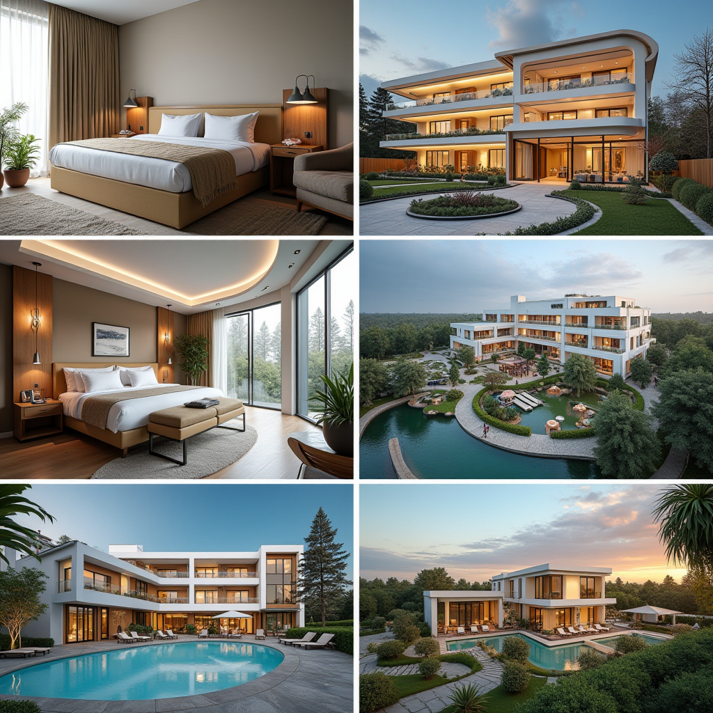 Колаж з різних типів готелів України: бюджетні хостели, сімейні готелі, розкішні п'ятизіркові комплекси, бутік-готелі та spa-курорти