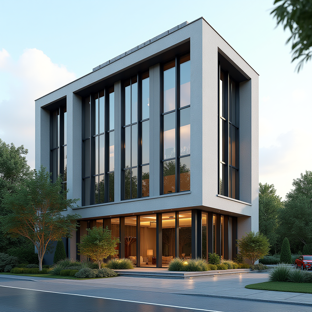 Сучасний готель в Україні з панорамним видом на місто, елегантний фасад з великими вікнами, оточений зеленню та квітами