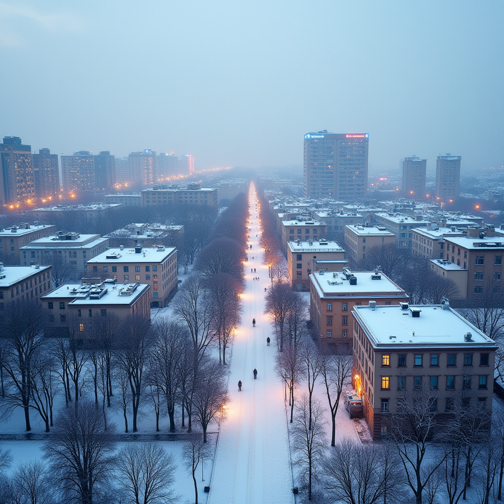 Панорамний вид на зимовий Київ з готелями та засніженими вулицями, затишна атмосфера столиці України в холодну пору року