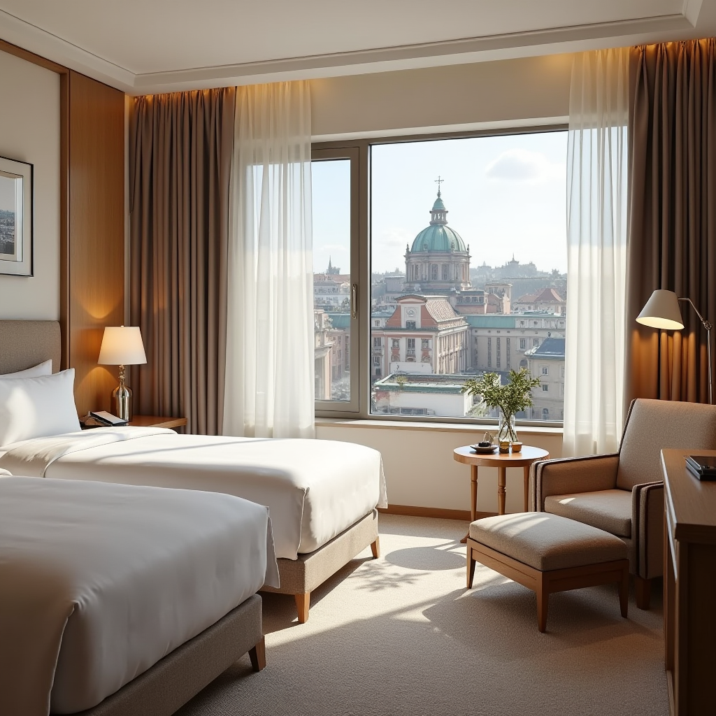 Сімейний номер у готелі Львова з просторим інтер'єром, дитячою зоною для ігор, зручними ліжками та видом на історичний центр міста через великі вікна