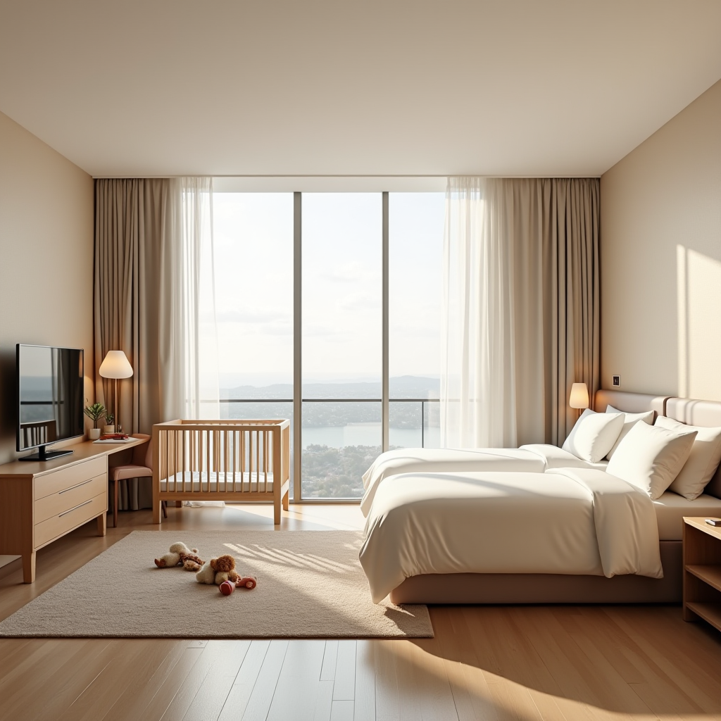 Просторий сімейний номер готелю з двома великими ліжками, дитячим ліжечком біля вікна, ігровою зоною з іграшками на килимі, сучасні меблі в теплих бежевих тонах, природне освітлення через великі вікна