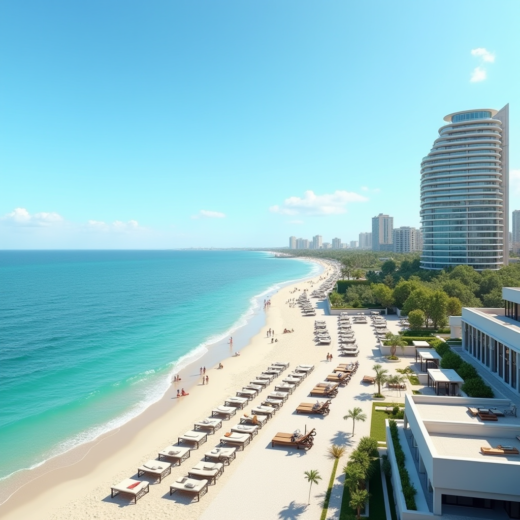 Прибережний готель в Одесі влітку, панорамний вид на Чорне море, пляж з шезлонгами, блакитна вода, сонячний день, туристи на березі та елегантна архітектура готелю