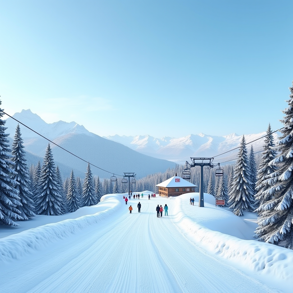 Станція підйомника в Буковелі взимку з меншою кількістю людей, засніженими ялинами та гірськими вершинами на тлі блакитного неба