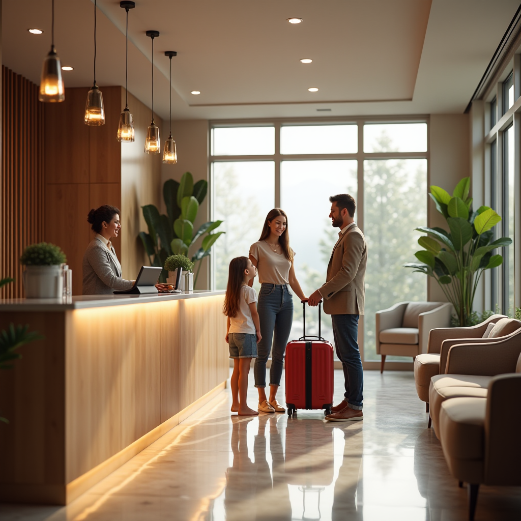 Сучасний інтер'єр готельної рецепції, привітний персонал за стійкою допомагає сім'ї з реєстрацією, батьки з дітьми та валізами, затишна атмосфера з м'якими кріслами, декоративні рослини, теплий світ