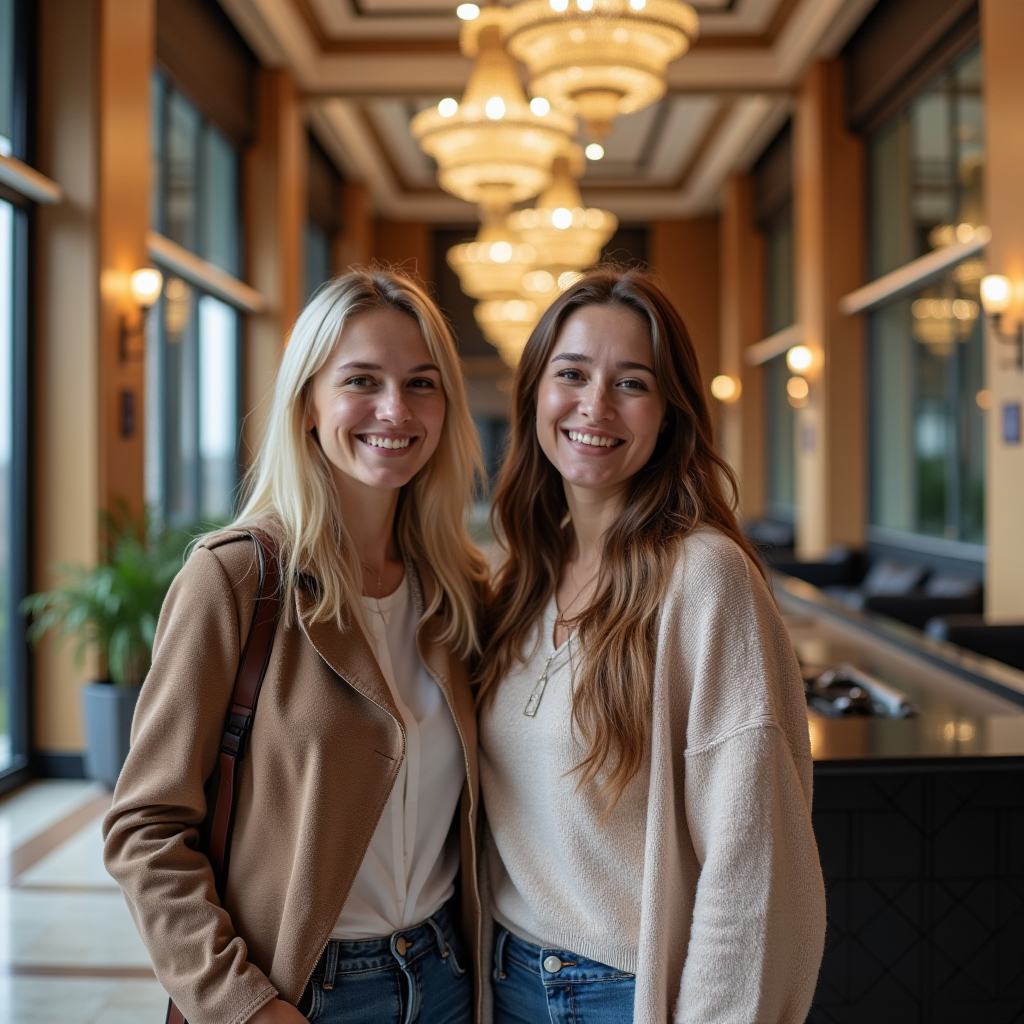 Щасливі туристи в холі сучасного українського готелю, що символізує успішний досвід бронювання та комфортного відпочинку